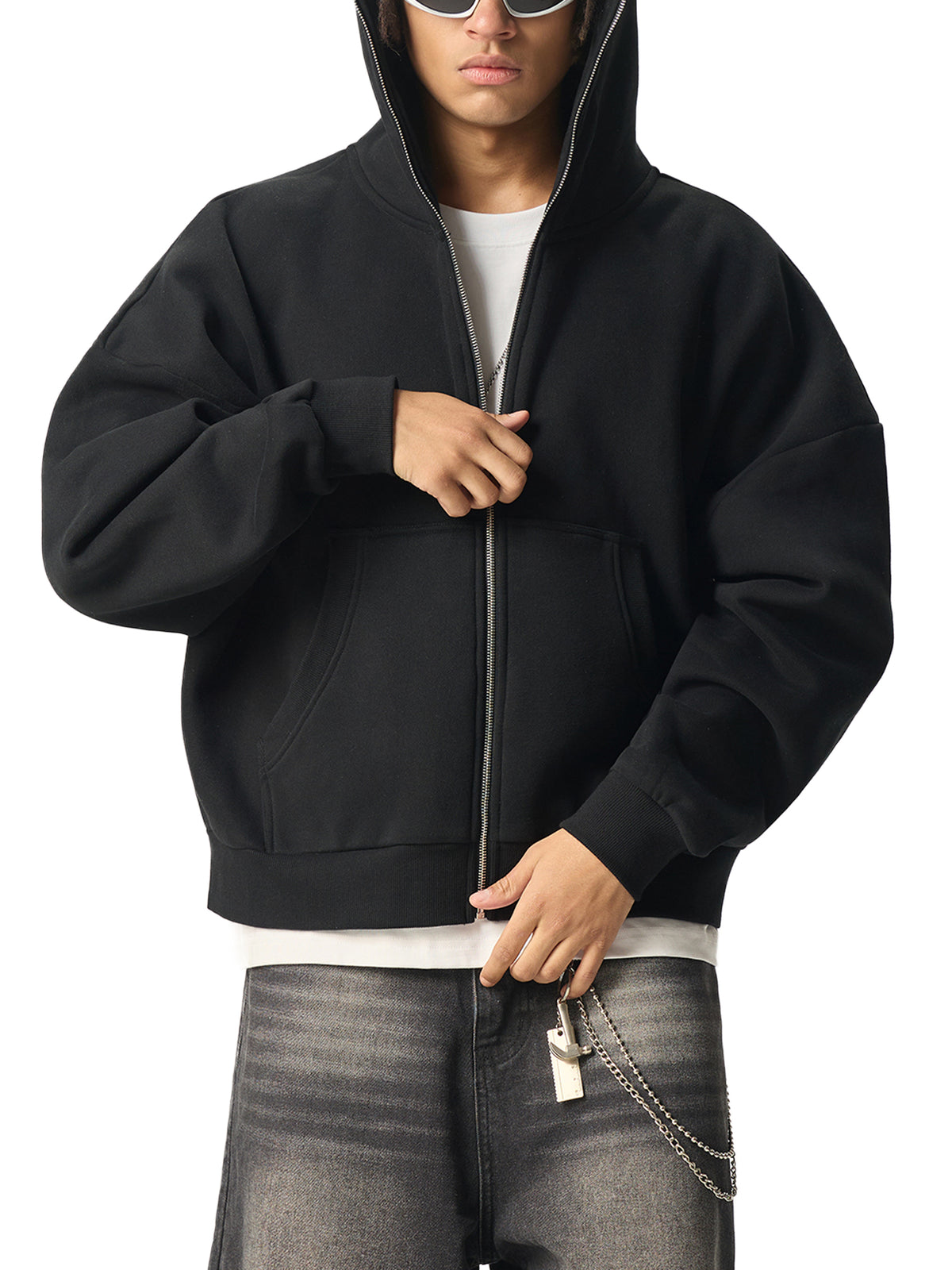 Fleeced Full-Zip Boxy Hoodie