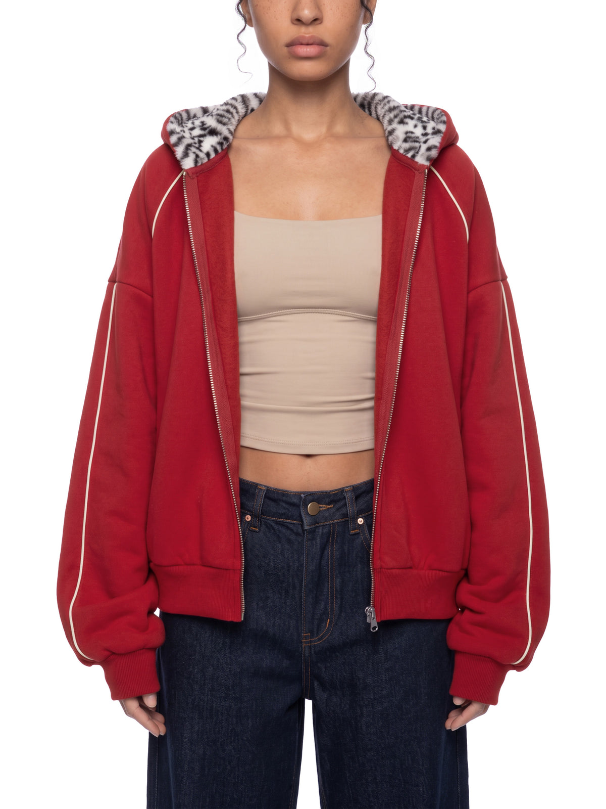 Sweat à capuche unisexe coupe carrée en molleton avec bordures et fermeture zippée intégrale
